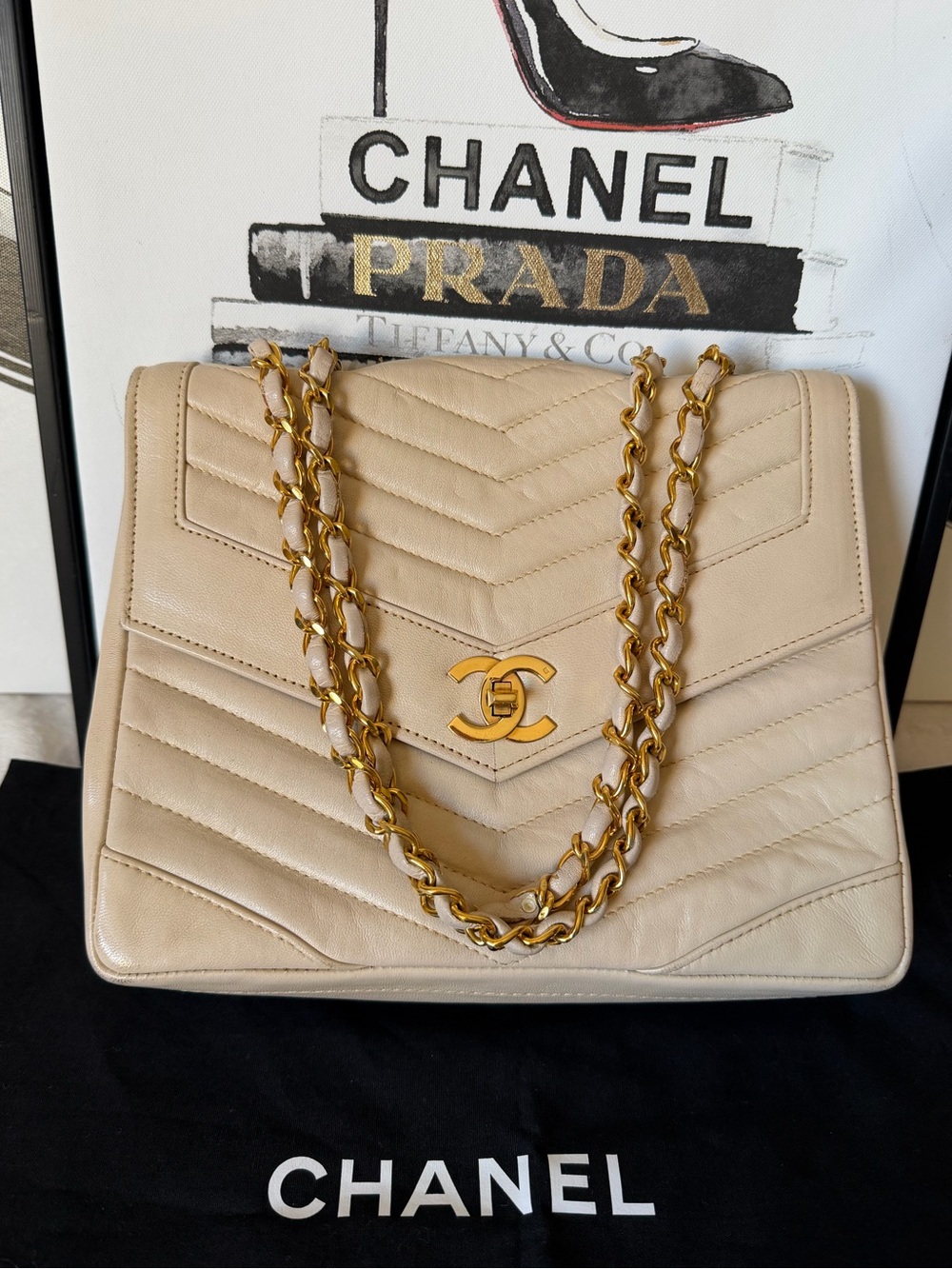 CHANEL Beige Quilted Leather Gold plated CC Logo Shoulder Flap Bag